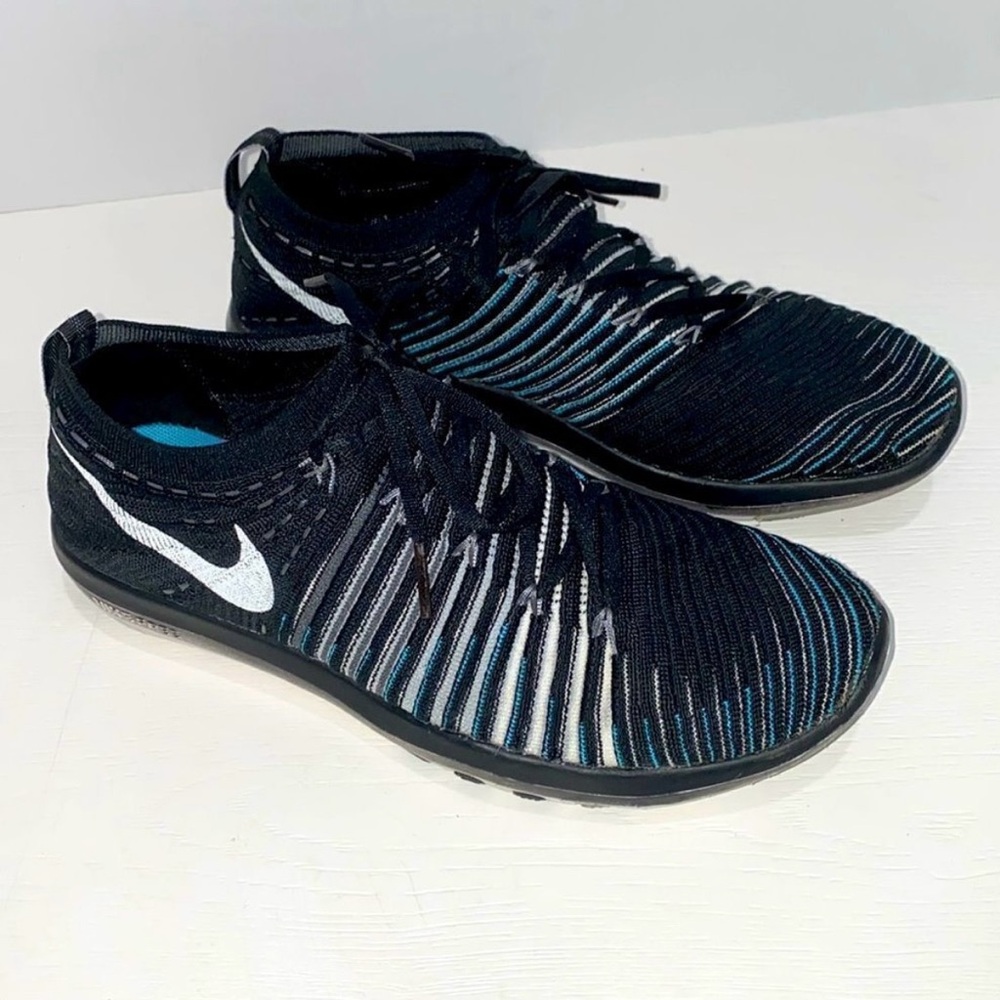 Nike Free Transform Flyknit Black Blue Striped Athletic Gym Shoes Trainers Sz 8